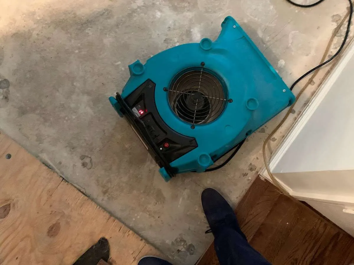 Air mover drying subfloor during Leak Detection & Repair in Fowler